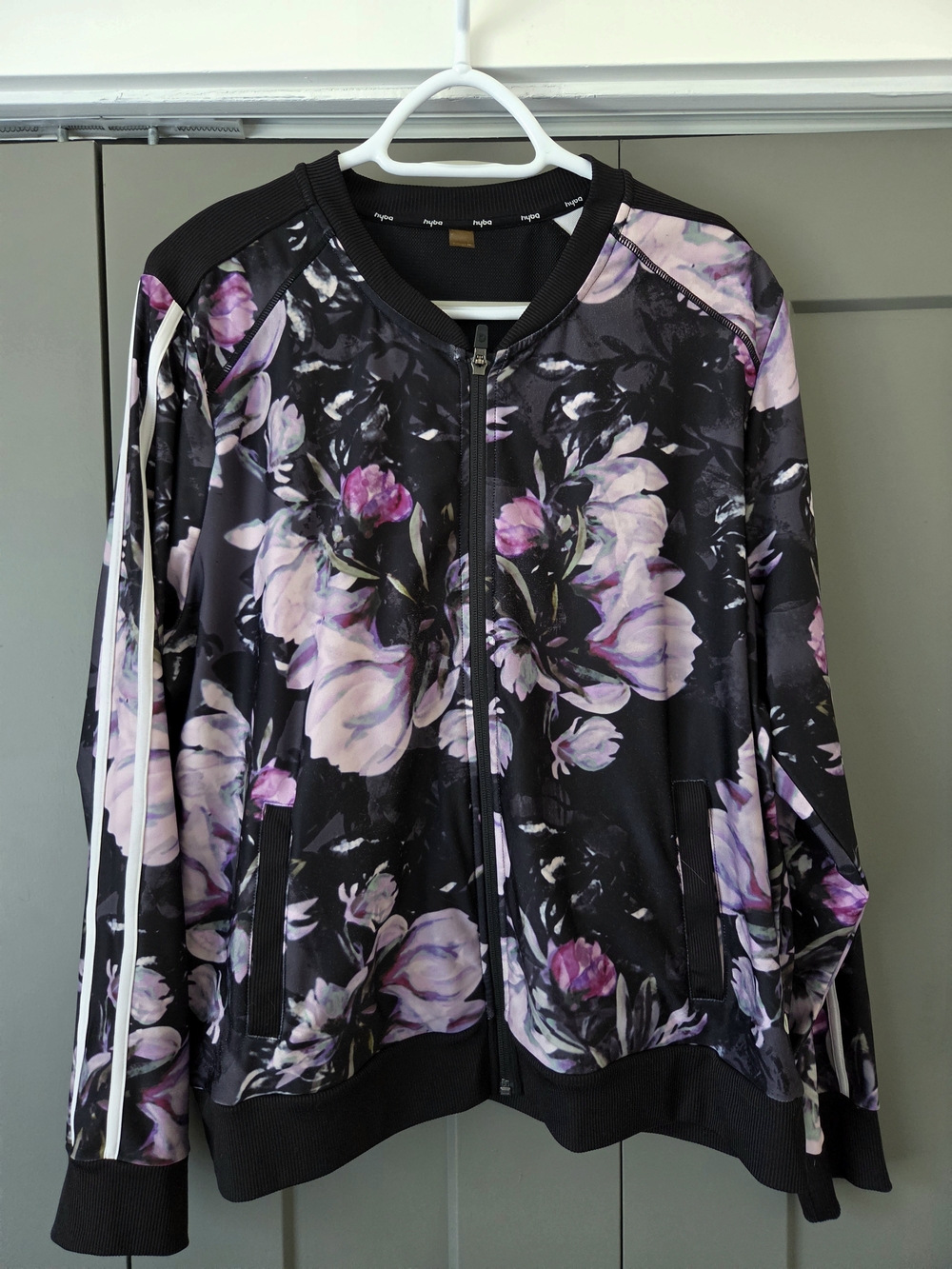 Reitmans Black Floral Zip-Up Bomber Jacket with Purple Accents